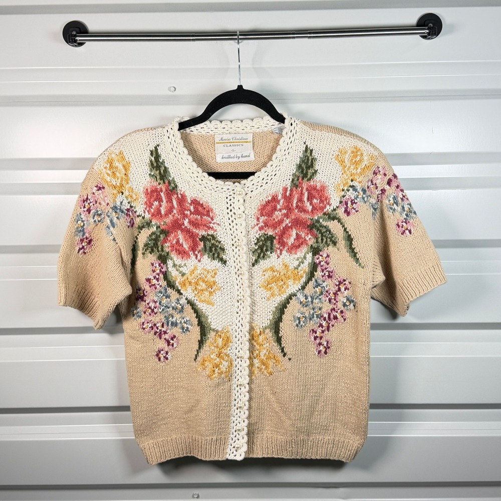 Marisa Christina Classics Hand Knitted Floral Short Sleeve Cardigan Tan Large